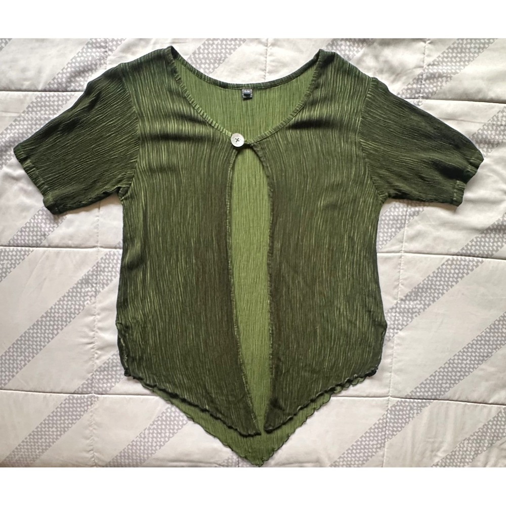 Handmade Olive Green Crinkle Rayon Sharkbite Hem Button‎ Top Size S/M Green